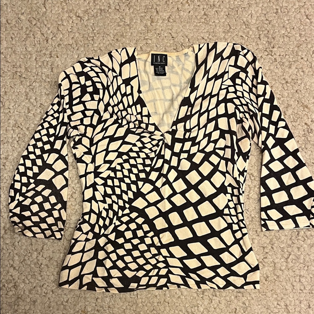 INC International Concepts Women's Geometric Black and Cream Blouse